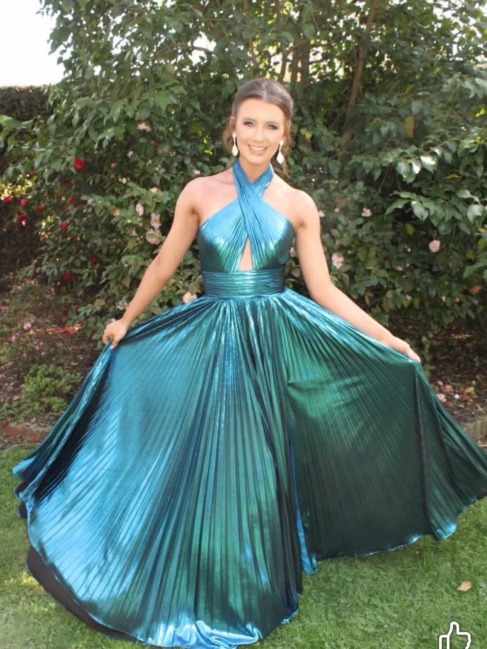 JVN by Jovani Metallic Teal Halter Pleated Gown